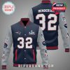 Varsity jacket with New England Patriots logos, number 32, Henderson name, and Super Bowl LVI emblem.!