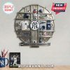 A unique New York Yankees themed wall clock with baseball memorabilia accents on shelves.!