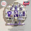 Wall clock with Northwestern Wildcats football theme, featuring jerseys, mascot figure, and team memorabilia on display.!