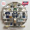 Notre Dame themed wall clock featuring school logos, mascot, stadium, and football gear arranged around the clock face.!