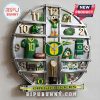 Oregon Ducks themed wall clock with team logo, jersey, mascot and other memorabilia against a silver frame.!
