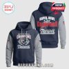 Front and back view of a New England Patriots Super Bowl Champions hoodie. Features the team logo and 