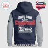 Super Bowl LVI Champions Patriots hoodie. Back view shows the text design and logos on a dark blue and gray hooded sweatshirt.!