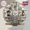 Pittsburgh Steelers clock with team memorabilia at each hour marker, including a jersey, helmet, scarf, and trophies.!