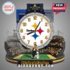Pittsburgh Steelers stadium clock featuring team logo and stadium details.!