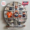 Denver Broncos memorabilia clock showing helmets, jersey, scarf, football, stadium, and mascot.!