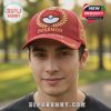 A red hat featuring a Pokeball, laurel wreath, Pokemon, Trainer, and custom name.!