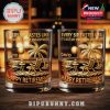 Two personalized retirement glasses showing a beach scene with a palm tree, chair, and the text
