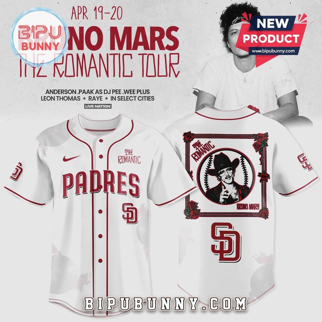 San Diego Padres Bruno Mars The Romantic Tour Baseball Jersey San Diego Padres Bruno Mars The Romantic Tour Baseball Jersey