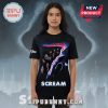 Scream movie poster design on a black T-shirt worn by a model.!