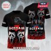 Black Scream 7 tee featuring Ghostface mask, cast signatures, and knife-wielding hand graphic.!
