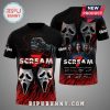 Scream 7 t-shirt design featuring Ghostface masks, cast members and signatures.!