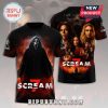 Scream 7 black T-shirt featuring Ghostface and cast, with a fiery background.!