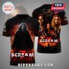 Scream 7 movie t-shirt featuring Ghostface, the cast, and the title logo, all on a black background.!
