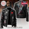 Black leather jacket with Ghostface & Scream movie graphics, patches, and text. Back features cast images and 'Fear Its Home' text.!