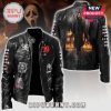Black leather jacket with Ghostface designs and 'Scream' text on sleeves and back illustration of Ghostface near a burning house.!