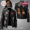 Black leather jacket with Ghostface and Scream movie elements like Ghostface mask and burning house graphic.!