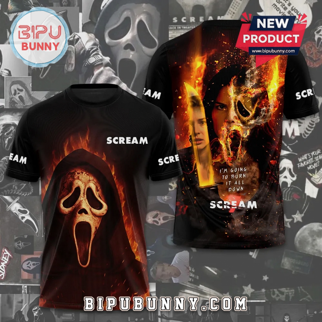 Scream Movie Ghostface Burning Mask Premium Graphic Print T-Shirt Scream Movie Ghostface Burning Mask Premium Graphic Print T-Shirt