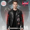Man in black leather jacket featuring Scream-themed patches and sleeve text.!