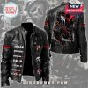 Black leather jacket with Scream movie series design, featuring Ghostface imagery and titles.!