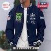 Navy jacket with 'Super Bowl LX Champions' text, plus NFL & Seattle Seahawks logos, and Super Bowl trophy graphic.!