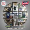 Wall clock shaped like the Seattle Seahawks logo featuring team-themed miniatures and memorabilia.!