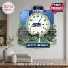 Seattle Seahawks stadium clock with Lumen Field sign and team logo, marking hours with field and crowd art.!