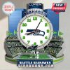 Seattle Seahawks stadium clock featuring a Seahawks logo, team mascot, and Lumen Field backdrop.!