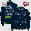 Seattle Seahawks bomber jacket featuring team logos, colors, and championship imagery.!