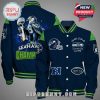 Seattle Seahawks champion bomber jacket with team logos and an eagle holding a trophy.!
