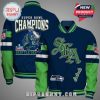 Seattle Seahawks Super Bowl Champions design on a blue and green varsity jacket.!