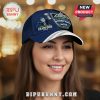 Navy and white baseball cap featuring a cartoon bird holding a trophy and Super Bowl Champions logos.!