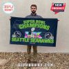 A Super Bowl Champions Seattle Seahawks flag, featuring helmets, the Lombardi trophy, and Super Bowl LX date, 8.Feb.2026.!