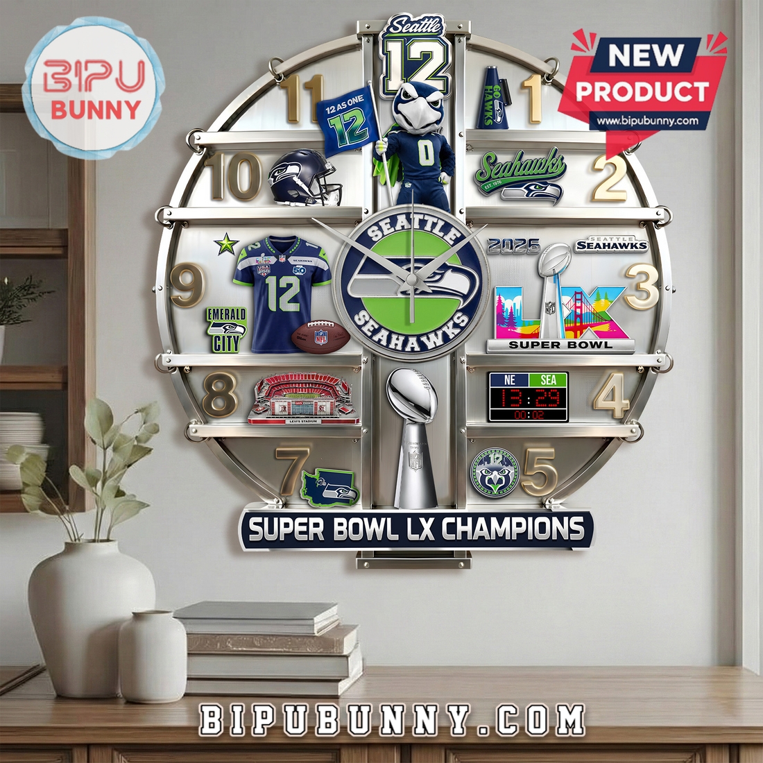 Seattle Seahawks Super Bowl LX Champions 3D Effect Wall Clock Seattle Seahawks Super Bowl LX Champions 3D Effect Wall Clock