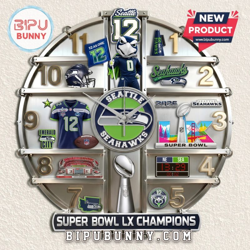 Seattle Seahawks Super Bowl LX Champions 3D Effect Wall Clock Seattle Seahawks Super Bowl LX Champions 3D Effect Wall Clock