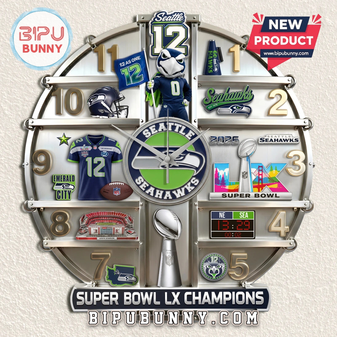 Seattle Seahawks Super Bowl LX Champions 3D Effect Wall Clock Seattle Seahawks Super Bowl LX Champions 3D Effect Wall Clock