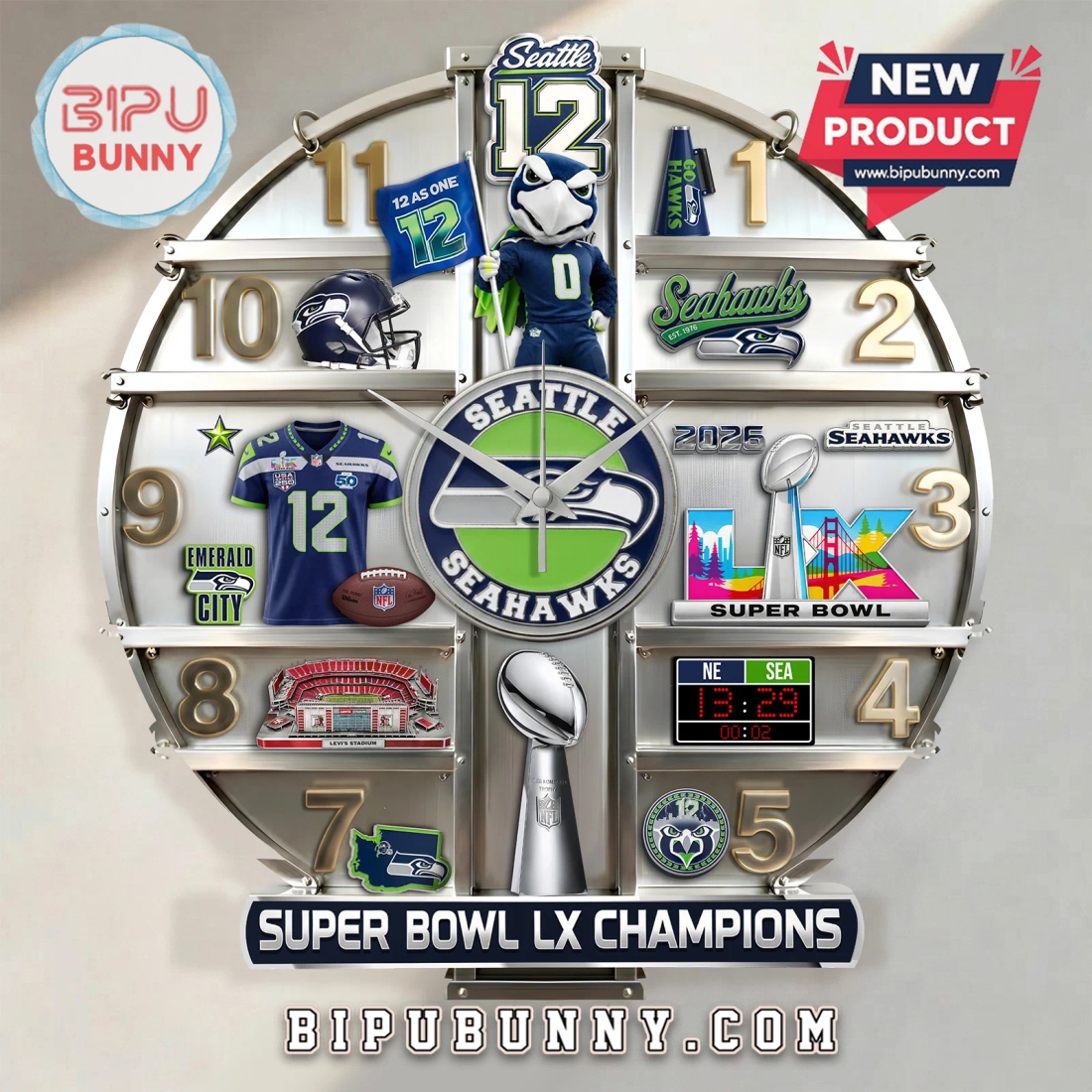Seattle Seahawks Super Bowl LX Champions 3D Effect Wall Clock Seattle Seahawks Super Bowl LX Champions 3D Effect Wall Clock