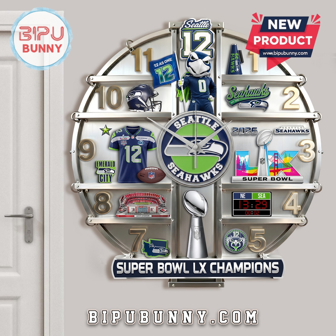 Seattle Seahawks Super Bowl LX Champions 3D Effect Wall Clock Seattle Seahawks Super Bowl LX Champions 3D Effect Wall Clock