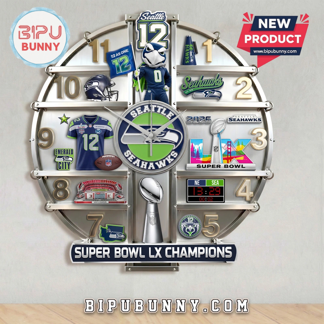 Seattle Seahawks Super Bowl LX Champions 3D Effect Wall Clock Seattle Seahawks Super Bowl LX Champions 3D Effect Wall Clock