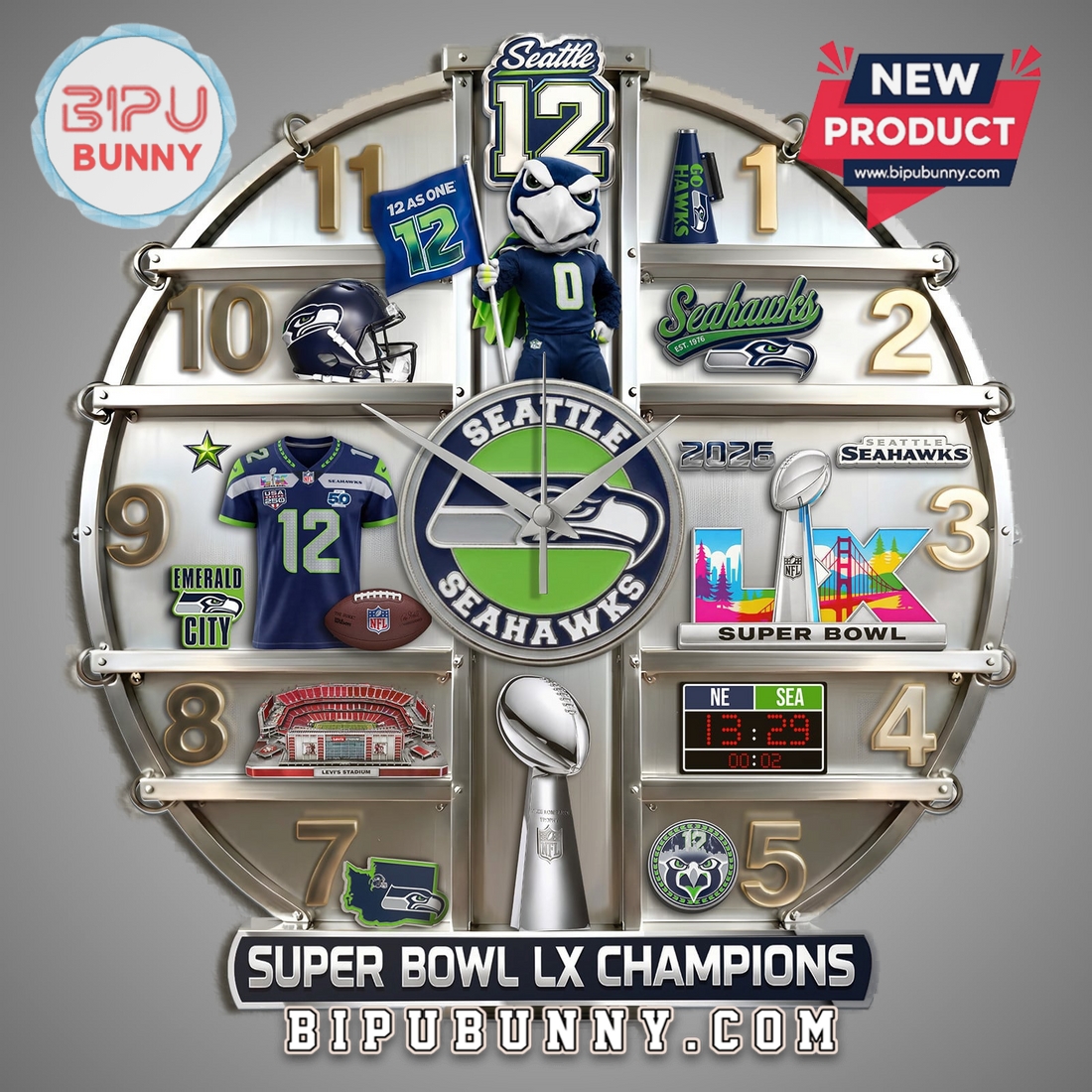 Seattle Seahawks Super Bowl LX Champions 3D Effect Wall Clock Seattle Seahawks Super Bowl LX Champions 3D Effect Wall Clock