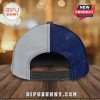 Back view of a two-tone snapback cap in gray and blue with a black adjustable strap.!