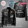 Black leather jacket featuring Seattle Seahawks Super Bowl Champions design with logo, lettering, and patches.!