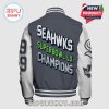 Back of gray jacket with Seattle Seahawks Super Bowl LX Champions text, white sleeves with 99 number and Seahawk logo.!