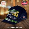 Navy hat with 'Two Times Super Bowl Champions,' Seahawks logo, football helmet graphic.!