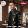 Black leather jacket with gold 'Star Trek' text and Vulcan salute design.!