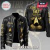 Black leather jacket with 'Star Trek 60th Anniversary 1966-2026' design, Star Trek logo, and various Star Trek patches.!
