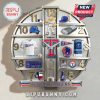 Texas Rangers baseball themed wall clock with logos, jersey, baseball cap, stadium image, baseball, and a World Series trophy.!