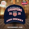 Dark blue baseball cap with 'Olympic Gold Champions', '20 USA 26' and 'USA Hockey' text with a USA shield.!