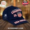Dark blue baseball cap with 'Olympic Gold Champion 20 USA' text and a USA Hockey shield design.!