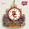 USC Trojans stadium clock featuring cardinal and gold colors, logo, football field, and Tommy Trojan mascot.!